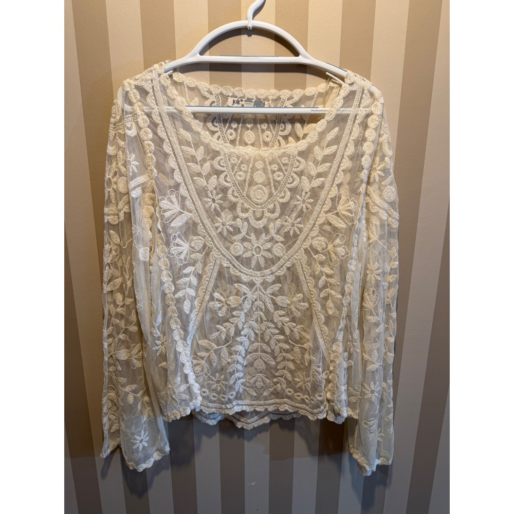 Jolt Sheer Floral Lace Top Women L/XL Cream Boho Mesh Long Sleeve JE2673001
